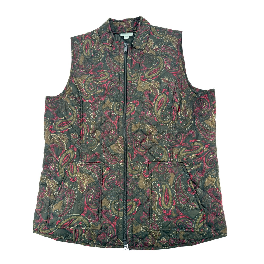 J. Jill Heritage Quilted Vest Women Large Paisley Full Zip Olive Burgundy Boho